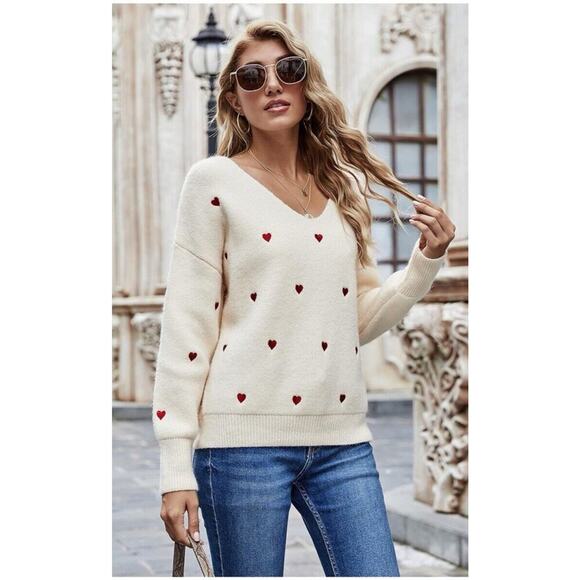 ECOWISH Women Valentine Heart Sweater V Neck Embroidery Knit Loose Casual Small - Picture 5 of 11